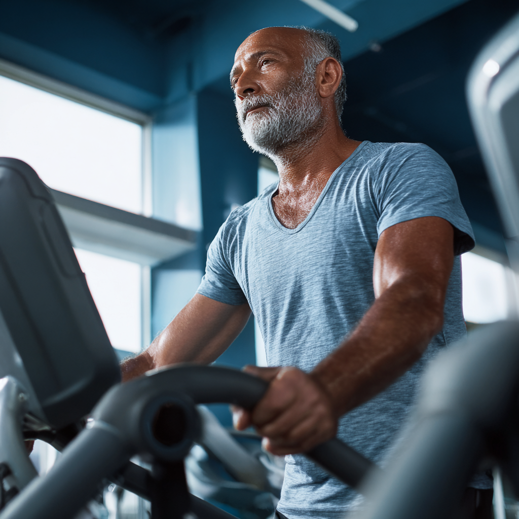 Чоловік 60 років на кардіо-тренажері у спортивному залі
