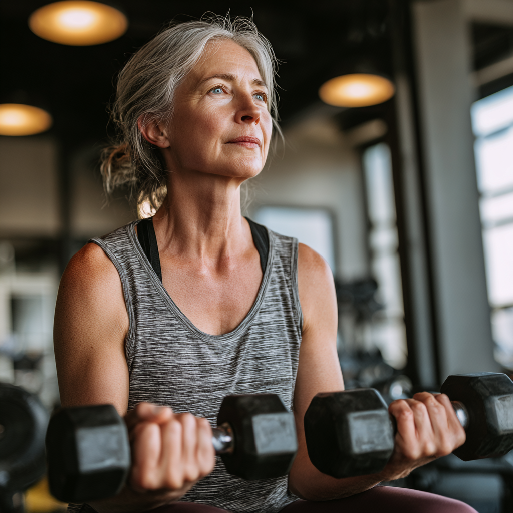 Жінка 55 років виконує силові вправи з гантелями у фітнес-залі